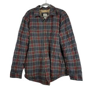 LL Bean Jacket Mens Large Gray Plaid Flannel Cotton Sherpa Shacket Chore Coat